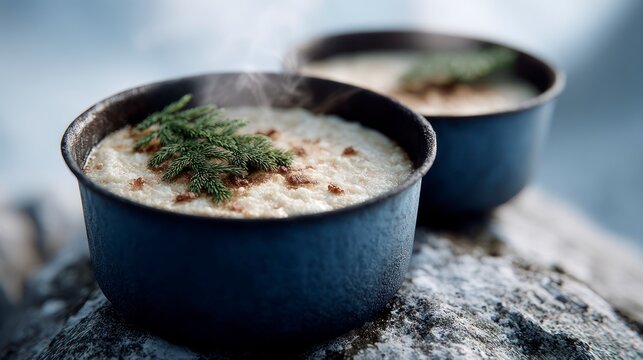 Two steaming bowls of creamy porridge with pine sprigs and brown crumble topping on a rocky surface