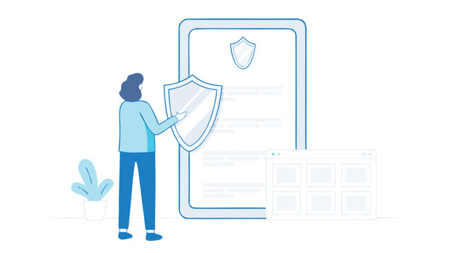 Woman holding a shield in front of a digital document with a web browser window next to it