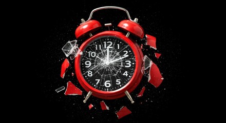 Shattered red alarm clock against black