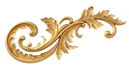 Golden ornamental flourish with intricate leaf patterns on a transparent background. The design features elegant curves and detailed textures.