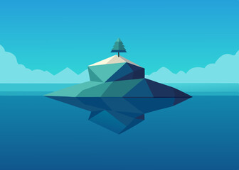 isolated island with a lone tree and crystal clear