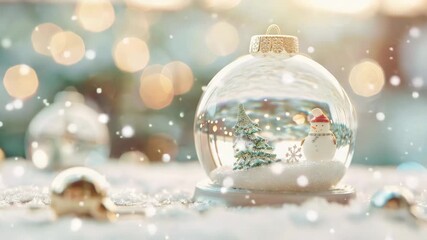 A beautifully detailed snow globe with a snowman and Christmas tree, showcasing a winter wonderland. Soft snowflakes fall, creating a serene holiday atmosphere. - Powered by Adobe