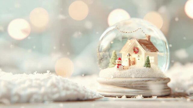 A delightful snow globe featuring a tiny house, Santa Claus, and trees, set against a dreamy snowy backdrop. Perfect for capturing holiday spirit!