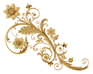 Golden floral ornament with intricate swirls and leaves on a transparent background. Features stylized flowers and detailed foliage.