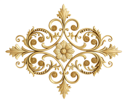 Ornate golden floral design with intricate swirls and a central flower, set against a transparent background. - Powered by Adobe
