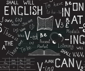 Educational "back to school" vector seamless pattern with handwritten English language grammar concepts - tables, auxiliary verbs, rules 