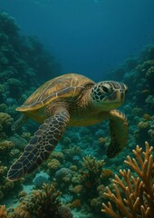 Graceful turtle amidst vibrant corals.