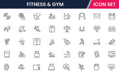 Fitness and Gym vector line icons including heart rate, steps, smartwatches, workouts, calories, goals, progress, health stats, and activity logs.