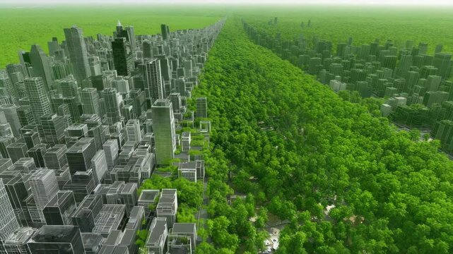 City is shown in one with buildings and the other with trees. grayscale city grid on left, lush solar city on right, center line chart tipping toward green, sustainable energy stocks