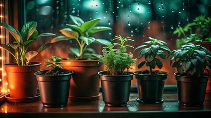 Obraz premium Indoor potted plants on a windowsill with bokeh lights at night