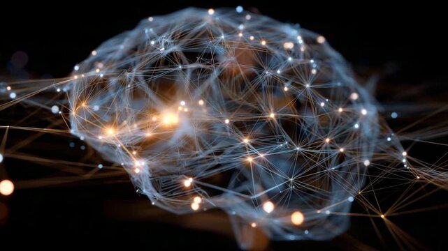 Brain made of lines and dots. The brain is blue and orange. abstract triangle brain made of circuits, with qbit spheres entangled in glowing light threads, quantum ai development