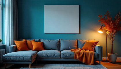 A modern living room with a blue sofa, two orange cushions, and an abstract wall art, cozy and stylish, 4K and HD image.