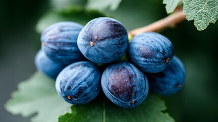 Ripe purple figs clustered on a green leafy branch detailed close up ripe figs
