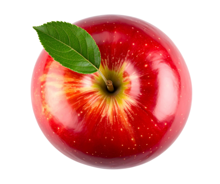 Top view of red apple with leaf isolated on transparent background
