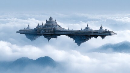 Fototapeta premium A vast ornate futuristic city structure floats serenely amongst soft ethereal clouds above misty mountains