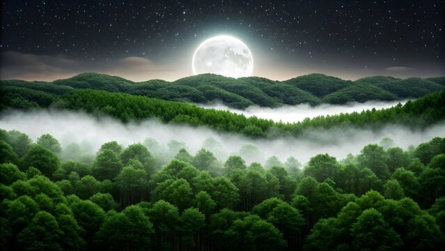 A full moon shines over a misty forest at night