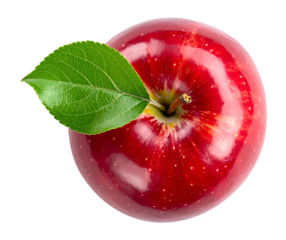 Top view of red apple with leaf isolated on transparent background