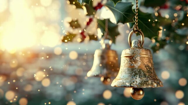 Beautiful golden bells hang delicately among holly leaves, creating a festive atmosphere. Soft golden lights twinkle in the background, enhancing the holiday spirit.