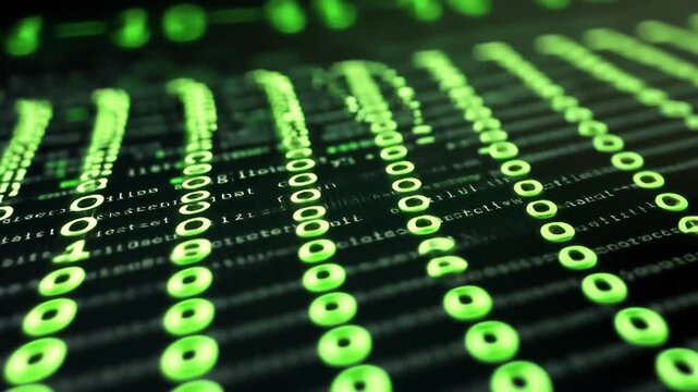 Abstract digital data stream with glowing green binary code