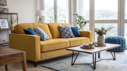Fototapeta premium Living Room with Mustard Yellow Sofa and Blue Accents