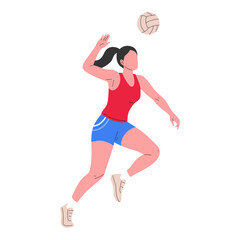 Flat vector illustration of a female volleyball player jumping to hit the ball. Sport concept design for health, fitness, competition, or team play themes.
