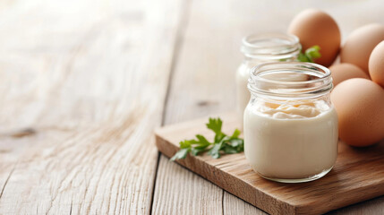 Delicious homemade mayonnaise in glass jars on a rustic table. Fresh ingredients for healthy cooking.