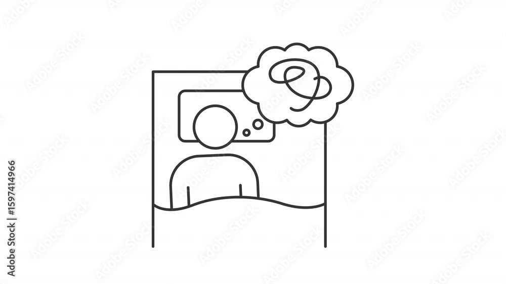 Poster insomnia line animation. sleep issue animated icon. moving person, writing line. floating bubble. sl