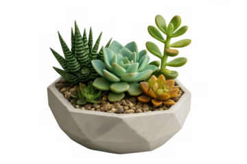 Different types of succulents thriving in a contemporary, geometrically shaped pot, isolated on a transparent background