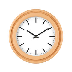 A minimalist wall clock with a wooden frame, displaying clear time against a white background