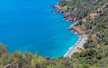 Fototapeta premium high view on the peloponnese coast with beautiful blue water in Greek