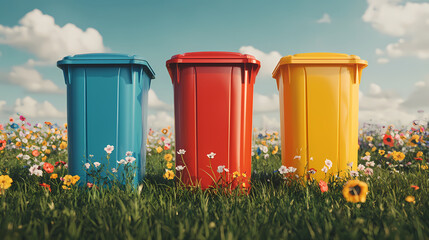 Three colorful recycling bins in blue, red, and yellow stand in a vibrant flower-filled meadow under a partly cloudy sky.