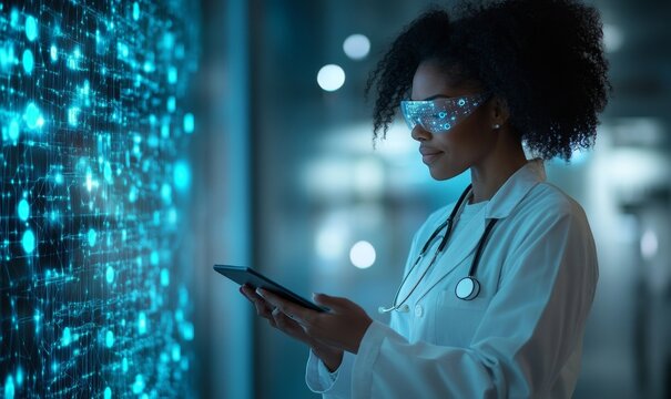 Inclusive image of an African American female medical scientist doctor using a smart tablet and digital technology in advanced research. AI holographic illustration, Generative AI - Powered by Adobe