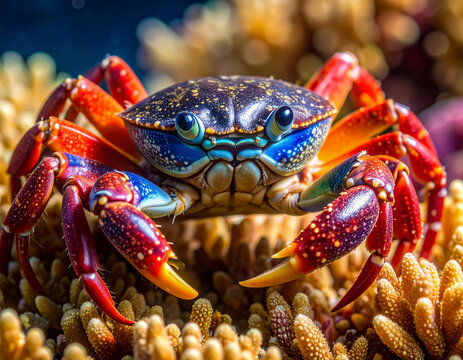 Vibrant colorful crab perched on a coral reef, close-up view. - Powered by Adobe