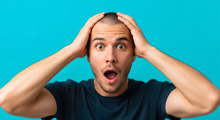 Portrait of an astonished young man with a shocked facial expression, holding his head in disbelief against a blue background.