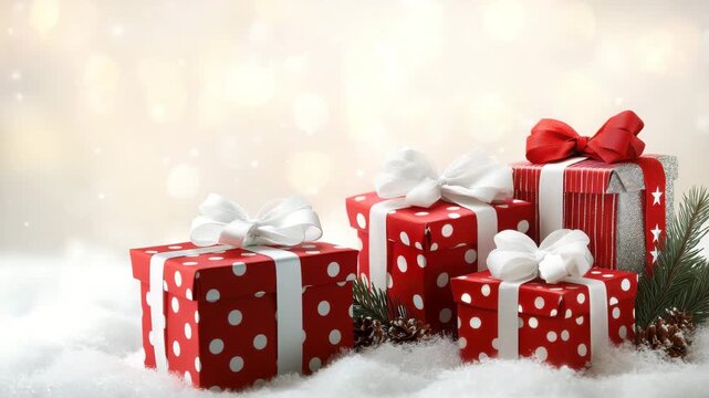 Red gift box with white ribbon and polka dot pattern Christmas decoration snow background with pine cone creating festive atmosphere wrapped present for holiday celebration winter season joy wrapped