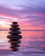 Obraz premium Stacked stones in calm water at sunset