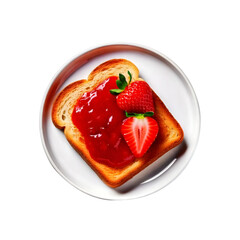 White ceramic plate of bread with strawberry jam on transparent background