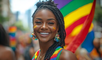 Inclusive image of a happy Black gay woman celebrating New York Pride parade wearing a rainbow flag on her back. Inclusion and ethnic diversity at Pride celebration in NYC, Generative AI