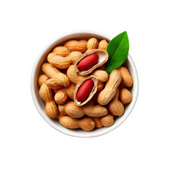 White ceramic bowl of peanut with leaf on transparent background