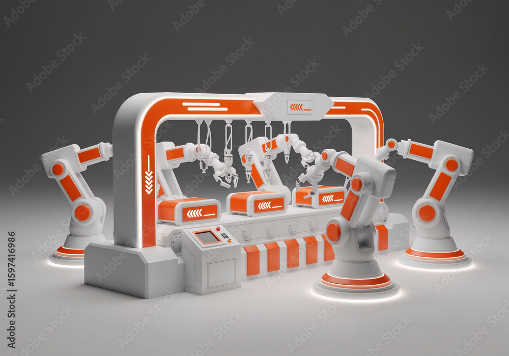 Poster minimalist assembly line with robots . generative ai