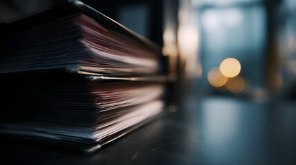 A stack of important business documents and tax files in a binder  long title A neatly organized stack of business files and tax documents in a dark