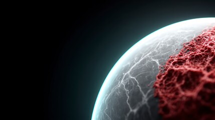 Obraz premium Close up view of a textured red organic surface on a dimly lit luminous spherical body with intricate patterns