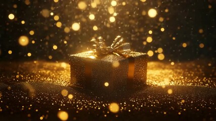 Golden gift box glitter sparkling present with shiny ribbon glowing celebration holiday bright bokeh lights festive luxury wrapping magical atmosphere sparkle glowing gift box holiday celebration - Powered by Adobe