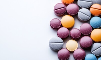 Obraz premium Top-down view of pharmaceutical pills. Colorful prescription tablets on a plain background. Copy space for text. Marketing healthcare banner with empty space, Generative AI