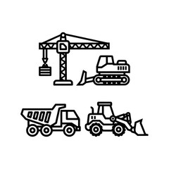 Naklejka premium Construction machinery and equipment outline with crane and excavators