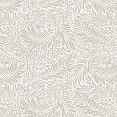 Vector seamless pattern with leaves and curls. Monochrome abstract floral background.