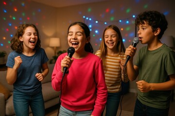 Kids singing karaoke joyfully.