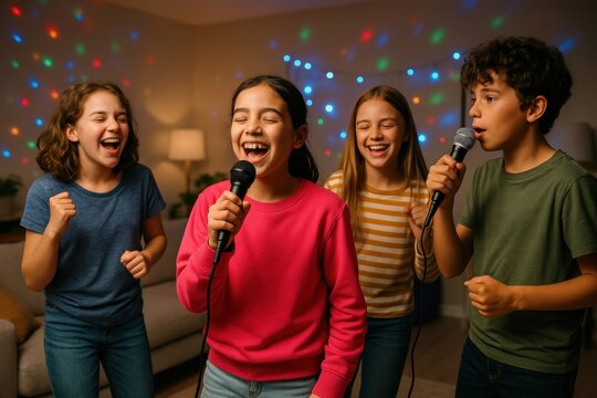 Kids singing karaoke joyfully.