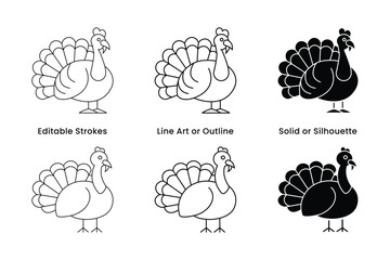 Vector illustration of six distinct turkey with editable strokes, outline or line art and solid or silhouette styles