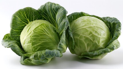 Two fresh green cabbages with outer leaves on a plain white background studio shot